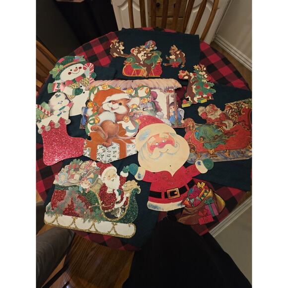 11 Vintage Die Cut Christmas Decorations W Bristle Santa Reindee Snowman 1970s - Picture 1 of 10